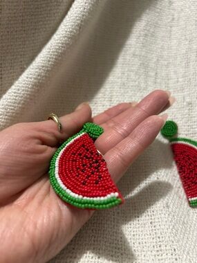 Handmade Beaded Watermelon Earrings - Red, Green, White